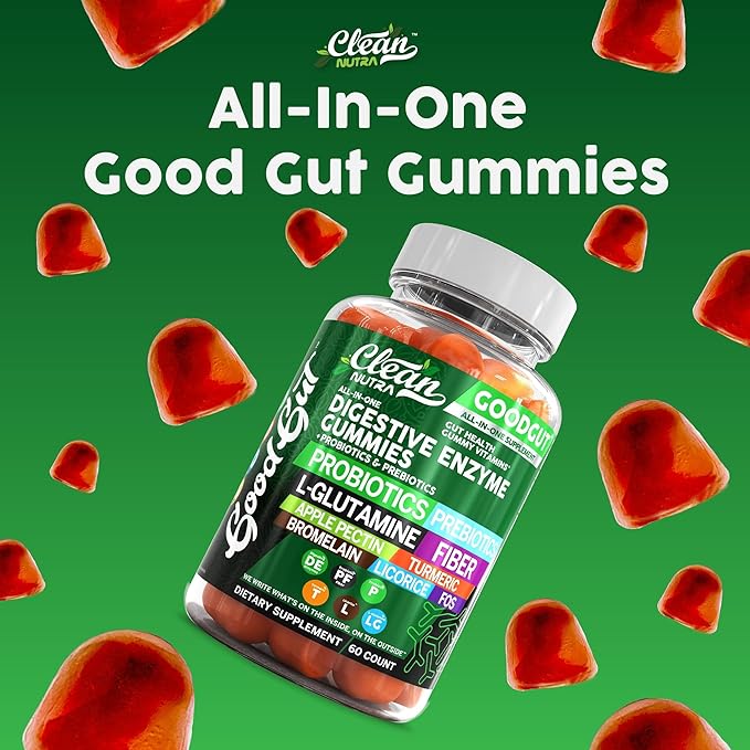Digestive Enzymes with Probiotics and Prebiotics For Digestive Health Gummies + L-Glutamine For Gut Health Bromelain Turmeric Licorice Fiber Apple Pectin Inulin FOS Plant Pased Vegan Gummy Vitamins