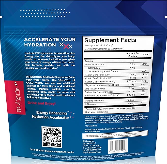 HydroMATE Electrolytes Powder Drink Mix Packets Hydration Accelerator Low Sugar Rapid Party Relief Recovery Vitamin C Plus Caffeine Watermelon 30 Count