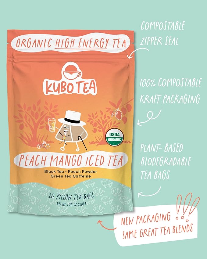 Kubo Tea Peach Mango Black Iced Tea - Organic Pillow Tea Bags - High Caffeine Coffee Alternative w/ 20 Servings (155mg Caffeine each) - Premium Flavored Blend w/Compostable & Biodegradable Packaging
