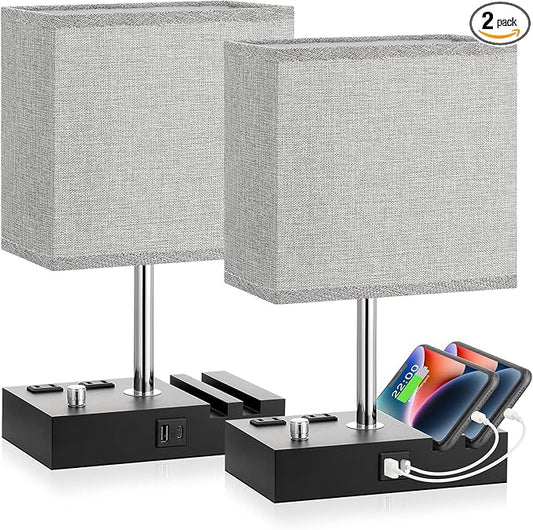 Kakanuo Fully Dimmable Bedside Lamps for Bedroom with USB C Ports, Grey USB Table Lamp Set of 2, Wooden Desk Lamp with 2 Charging Outlets and Phone Stand for Nightstand and Living Room, Bulb Included