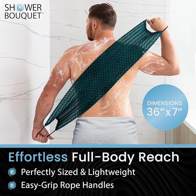 Japanese Exfoliating Washcloth for Back & Body 2-Pack - Charcoal & Silver Ion Exfoliating Towel with Handles - Two-Sided Gentle Exfoliation & Deep Cleanse Body Wash Cloths for Shower - 1 Blue, 1 Green