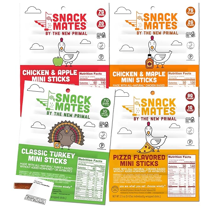 Snack Mates by New Primal Sampler Four Flavor Pack, Mini Meat Sticks, High Protein and Low Sugar Kids Snack, Gluten Free, Soy Free, Paleo, Lunchbox Friendly, 20 Count