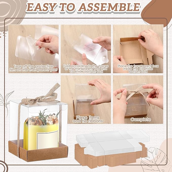 Cunno 36 Set 3.5 x 3.5 x 4.3 in Candle Package Transparent Gift Box 4-18 oz Handmade Tealight Candle Holder Bulk Paper Bottom Ribbon for Wedding Baby Shower Party Mug Cake Wine Glasses(Kraft Color)