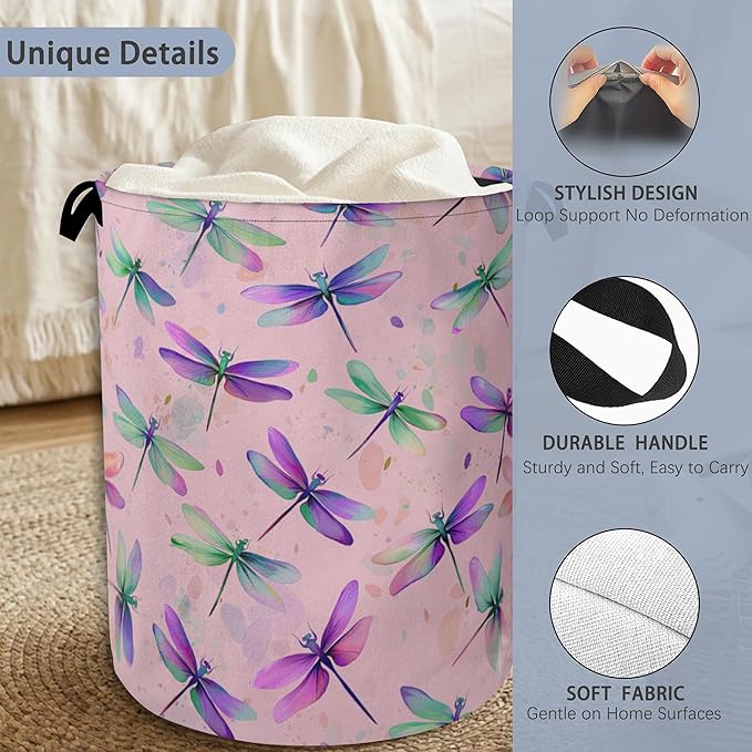 Colorful Dragonfly Laundry Basket,Foldable with Handles Tote Bag Oxford Cloth for Bathroom Bedroom Dirty Clothes Storage Bucket 16" x 20.8"
