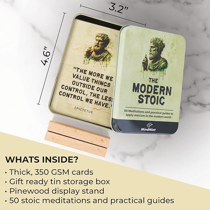 Daily Stoicism Affirmation Cards - 50 Stoic Life Change Quotes, Philosophy Gift for Men in Tin Box with Wood Stand - Desk Accessories Office Decor for Men - Inspirational & Motivational Cards