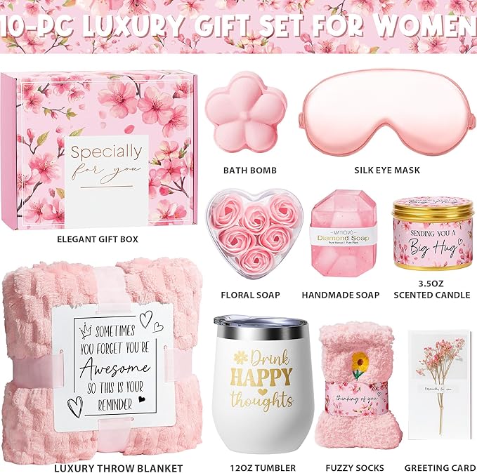 Birthday Gifts for Women Self Care Gift, Cherry Blossom Relaxing Spa Gift Baskets Bath Set Get Well Soon Care Package Christmas Mom Gifts for Wome Sister Friend Wife Grandma w/ Blanket