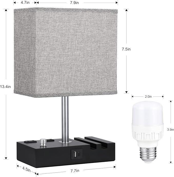 Kakanuo Fully Dimmable Nightstand Lamp for Bedroom with USB C Ports, Grey Small Bedside Table Lamp with Charging Outlets and Phone Stands, Wooden Desk Lamp for Living Room, LED Bulb Included