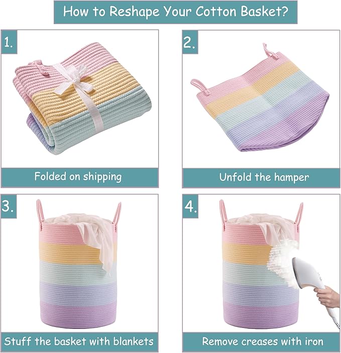 80L Extra Large Rainbow Baby Girls Hamper Laundry Basket for Kids Nursery Pastel Tall Blanket Basket for Toy Woven Rope Unicorn Clothes Hamper in Living Room Playroom Bedroom