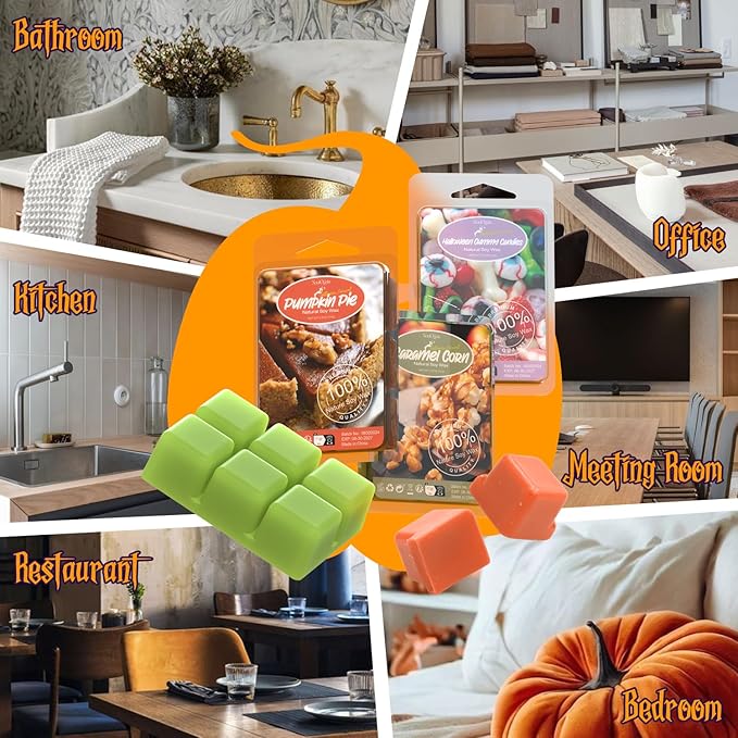 Halloween Scented Wax Melts, Scented Soy Wax Cubes Set for Caramel Apples, Pumpkin Pie, Candy Corn, Halloween Cookies, Chocolate Bars, Popcorn Balls, Caramel Corn, Halloween Gummy Candies