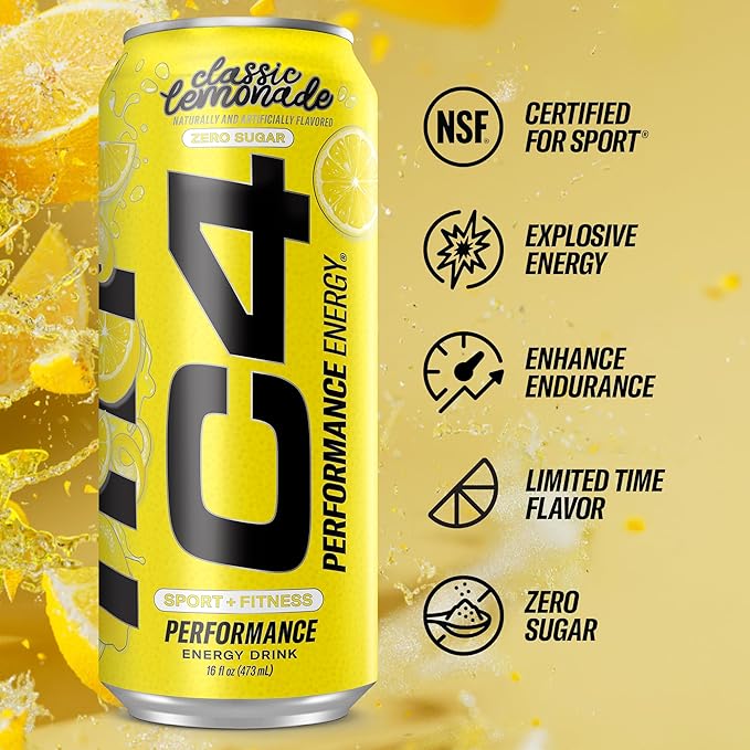 Cellucor C4 Energy Drink, Lemonade Limited Edition Carbonated, Sugar Free Pre Workout Performance Drink with no Artificial Colors or Dyes, 16oz Pack of 12