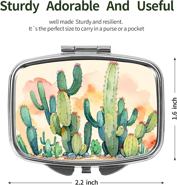 Dynippy Pill Case Pill Box with Mirror Retro Pocket 2 Compartment Medicine Case Vitamin Pill Organizer for Pocket Purse and Travel (Silver- Cactus Pattern)