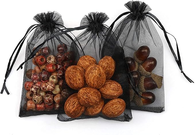 ANZNKU 50PCS Black Organza Bags, Gift Bags Small Size, Sheer Organza Bag 5x7 Inch for Halloween, Mesh Candy Bag, Small Mesh Pouches with Drawstring for Party Wedding Favor