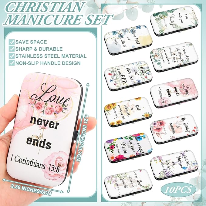 Lanties10 Sets Christian Gifts for Women Bulk Church Bible Manicure Sets Floral Scripture Stainless Steel Nail Clipper Set Religious Gift Personal Pedicure Kit for Employee Teacher Staff Women