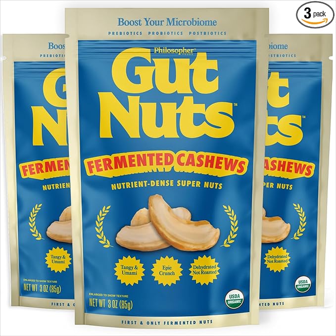 Gut Nuts - Fermented and Sprouted "Sourdough" Cashews for Gut Health - Tangy, Umami, & Salty Flavors - Super Crunchy Low Carb Keto Snacks - Low Sugar Prebiotic & Postbiotic Cashew Snacks - 3oz Pouch (3 Pack) - by Philosopher Foods