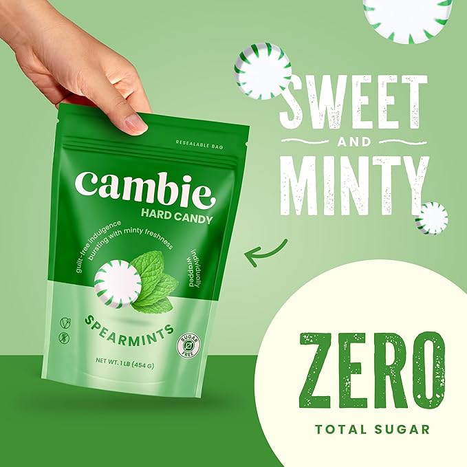 Cambie Sugar Free Mints, 1 lb of Sugar Free Hard Candy, Spearmints Individually Wrapped with a Refreshing & Sweet Spearmint Flavor, Packaged Fresh in a Resealable Pouch