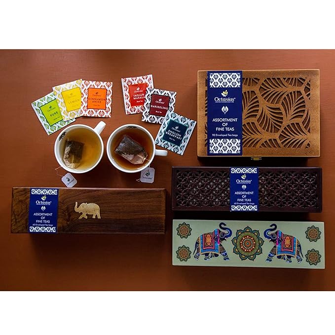 Octavius Assorted Tea Gift Set | 6 Assorted Black & Green Teas | 30 Teabags | Wooden Tea Sampler Pack w/Taj Print Design | Pack of 1