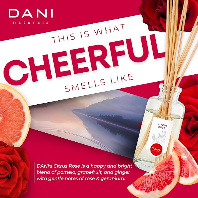 DANI Naturals Reed Diffuser Set - Citrus Rose Scent - Aromatherapy Essential Oils - Alcohol-Free, Non-Toxic, Eco-Friendly, 10 Reeds - 3.5 oz
