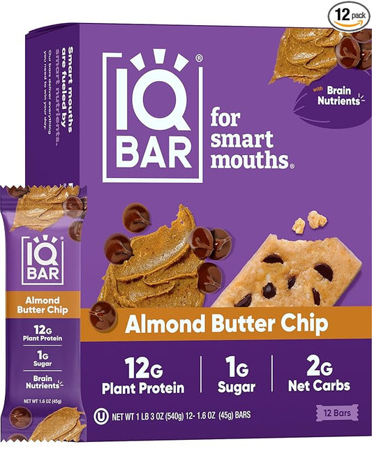 IQBAR Brain and Body Plant Protein Bars - Almond Butter Chip - 12-Count - Keto, Vegan, Low Carb, High Fiber, Gluten Free, Dairy Free, Low Sugar Snack with Nutrients for Focus, Energy, Meal Replacement