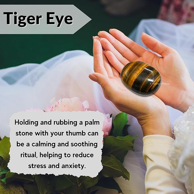 Amazing Gemstone Tiger Eye Crystals and Healing Stones - Large Palm Stone Crystals Piedra - Crystal for Good Luck, Balanced Positive Energy, Meditation - Unique Stocking Stuffers Gifts for Women, Men