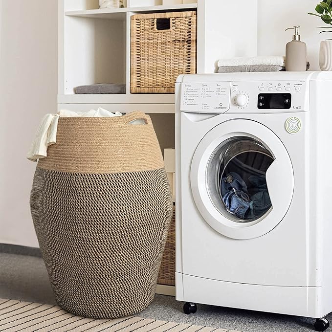 Goodpick 105L Jute Woven Rope Laundry Hamper - Collapsible Clothes Hamper for Bedroom and Laundry Room, 25.6" x 17.7" Tall Modern Baskets for organizing and décor Room