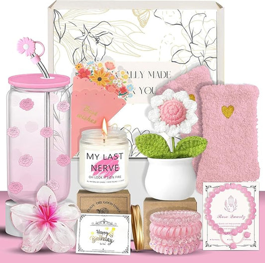 Birthday Gifts for Women, Teen Girls, Her, Unique Happy Birthday Gift Baskets for Best Friend Sister Daughter, Women Gifts Box for Girl Wife Girlfriends,14pcs Rose Glass Cups Gift Set(Pink)