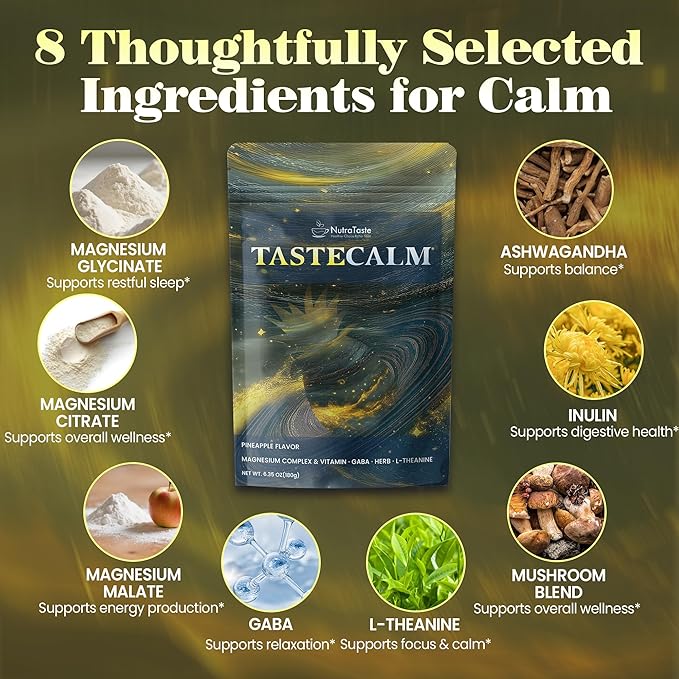 Calm Magnesium Powder, Ashwagandha, L-Theanine, GABA & 6 Mushrooms | Magnesium Glycinate Supplement for Relaxation & Calm Support | Non-GMO, Gluten-Free, Pineapple Flavor, 6.35oz