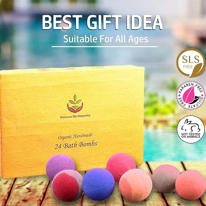 Bulk Bath Bombs Gift Set - 24 Nurture Me Organic Bath Bomb Kit - Moisturizing Bath Bombs Bath Gift Set – Best Birthday Gifts for Women, Mom, Girls, Teens, Her