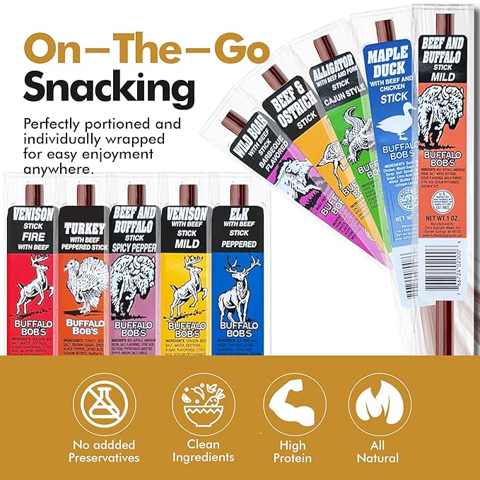 Jerky-n-Spice Wild Game Exotic Meat Sticks (10-Pack) | Ultimate Beef Jerky | Savory Snacks Variety Pack for Adults | Perfect Gifts for Anniversary, Camping, Hunting & Birthday Events