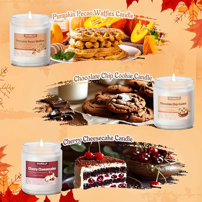 Halloween Fall Candles Set,6 Pack Fall Candles for Home Scented, Candle Gift Set,Soy Wax Long Lasting Jar Candle of Pumpkin Pie,Coffee Cake,Gingerbread,Chocolate Cookie,Cherry Cheesecake Aromatherapy