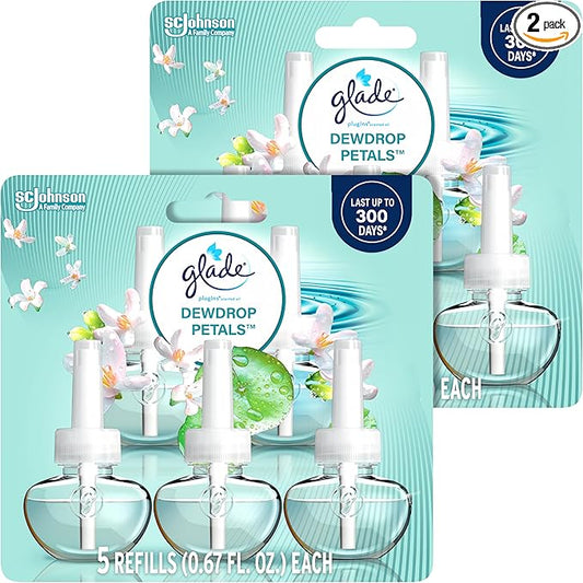 Glade PlugIns Refills Air Freshener, Dewdrop Petals, Scented and Essential Oils for Home and Bathroom, 0.67 Fl Oz, 5 Count (Pack of 2)