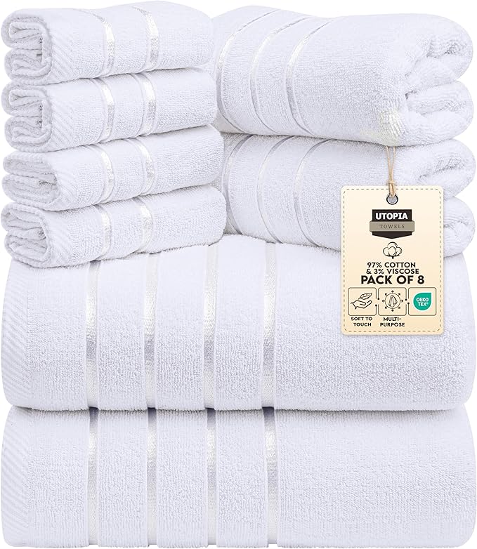 Utopia Towels 8 Piece Luxury Towel Set, 2 Bath, 2 Hand, and 4 Wash Cloths, 600 GSM Ring Spun Cotton, Highly Absorbent Viscose Stripe Towels, Ideal for Everyday use, White