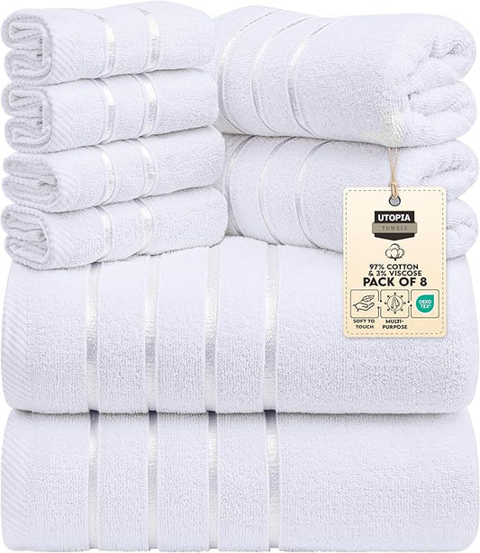 Utopia Towels 8 Piece Luxury Towel Set, 2 Bath, 2 Hand, and 4 Wash Cloths, 600 GSM Ring Spun Cotton, Highly Absorbent Viscose Stripe Towels, Ideal for Everyday use, White