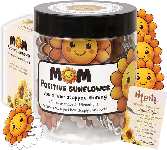 Positive Sunflower Jar for Mom, Affirmation Cards, Inspirational, Self Care Gifts for Women, Emotional Support, Encouragement Cards, Birthday Gift for Mom from Daughter, Son