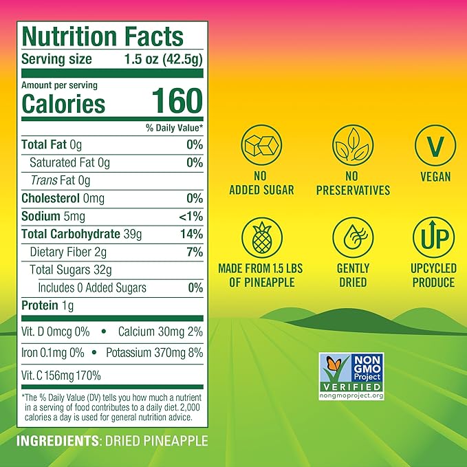 BranchOut Pineapple Chips, No Sugar Added, Real Dried Pineapple Chunks, GentleDry, Better than Freeze Dried Pineapple, Healthy Vegan Halloween Fruit Snacks for Kids & Adults, 1.5 oz (Pack of 4)