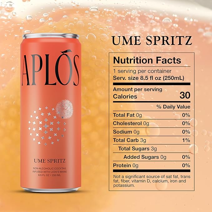 Aplós Canned Ume Spritz Non-Alcoholic Cocktails, Formulated with Nootropics and Botanicals for Calming & Uplifting, Low Calorie, No Added Sugar Beverage (8.5 fl oz. 8-pack)