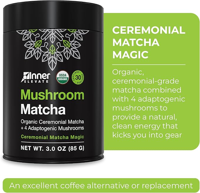 Inner Elevate Mushroom Matcha - Organic, Ceremonial-Grade Matcha Powder with 4 Superfood Mushrooms - Adaptogenic Mushroom Tea Drink with Lion's Mane, Cordyceps, Turkey Tail, Reishi (30 Servings)