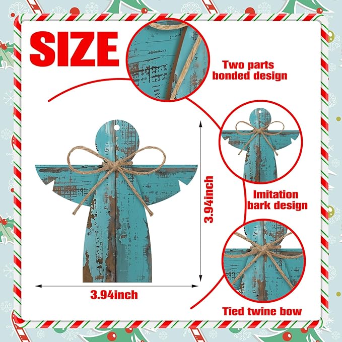 30 Pcs Angel Christmas Ornaments Bulk Wooden Rustic Farmhouse Christmas Tree Hanging Craft Decorations Small Wood Ornament Bulk White Brown Blue Ornament for Xmas Tree Home Decor