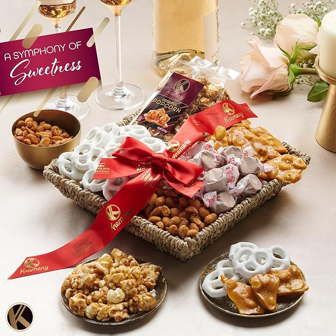 KREMERY Creamy Chocolate Cravings - Diwali Sweets Hamper Chocolate Covered Pretzels & Caramel Popcorn Gift Basket, in Seagrass Tray + Ribbon (Classic, 1.5 lbs) Food Arrangement