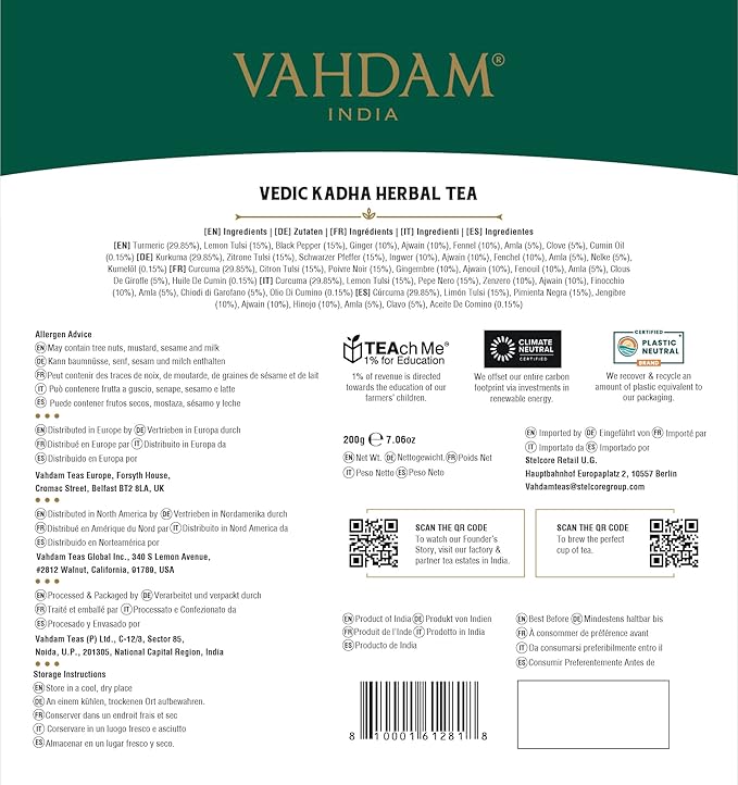 VAHDAM, Vedic Kadha Herbal Tea Bags (100 Ct) Caffeine Free, 100% Real Ingredients - Turmeric, Black Pepper, Amla, Tulsi, Ginger, Cloves | Pure Herbal Tisane - Earthy, Savory | Resealable Ziplock Pouch