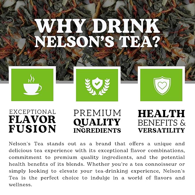 Nelson's Tea Almond Amaretto - Herbal Green Loose Leaf Tea, Curated Blend with Sencha Green Tea, almonds, Dried Cherries, and Safflower - Perfect for Bedtime Brew (2 oz)