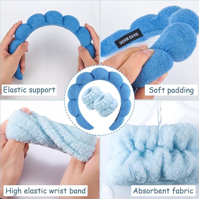Zkptops Spa Headband for Washing Face Wristband Set Sponge Makeup Skincare Terry Cloth Bubble Soft Get Ready Hairband for Women Girl Puffy Padded Headwear Non Slip Thick Hair Accessory(Dark Blue)