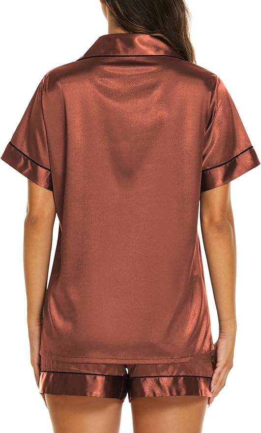 Ekouaer Silk Pajamas for Women Short Sleeve Sleepwear Soft Button Down Loungewear 2 Piece Satin Pjs Shorts Set S-XXL