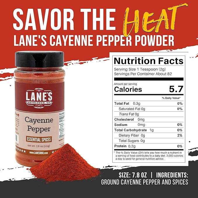 Lane's Cayenne Pepper Powder, All-Natural Cayenne Red Peppers Powder, Goes Well With Meat & Veggies Cayenne Hot Pepper Powder, Made in USA, 7.8 Oz