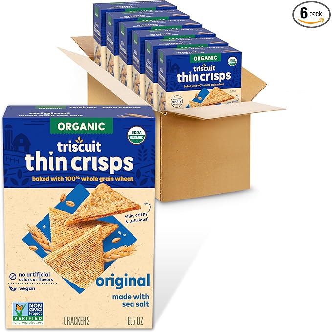 Triscuit Organic Original Whole Grain Wheat Crackers, Organic Crackers, Vegan Snacks, Bulk Lunch Snacks, 6 - 6.5 oz Boxes