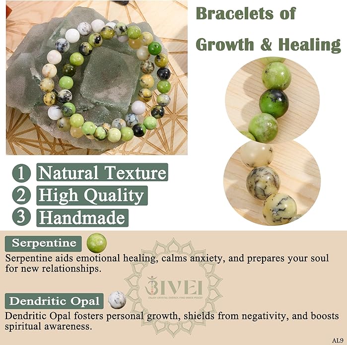 Bivei Natural Gemstone Semi Precious Healing Crystals Handmade Stretchy Round Beads Bracelet, Enhance Positive Energy