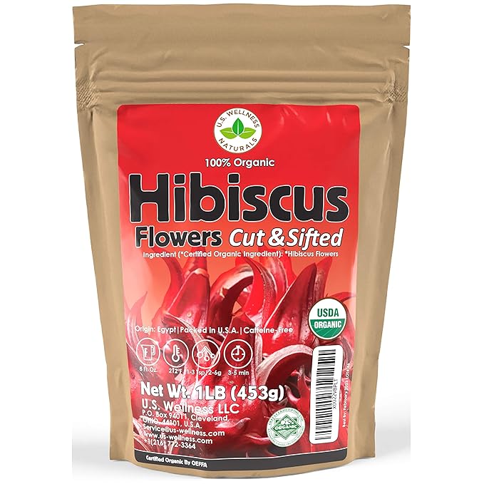 Hibiscus Tea 1LB (16Oz) 100% CERTIFIED Organic Hibiscus Flowers Herbal Tea (CUT&SIFTED), Caffeine Free Tea (200+ cups) 1 lb. Bulk Resealable BPA-Free Bag
