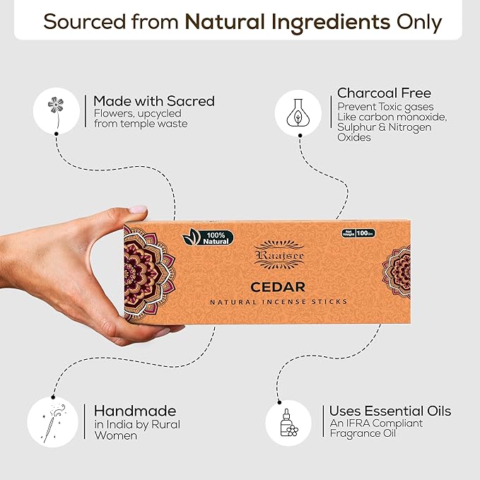 Raajsee Cedar Incense Sticks, 100%-Natural Charcoal Free Organic Non Toxic Clean Burning Handmade Insence Sticks 100 gm Pack, Meditation Gifts – Spritual Cleansing
