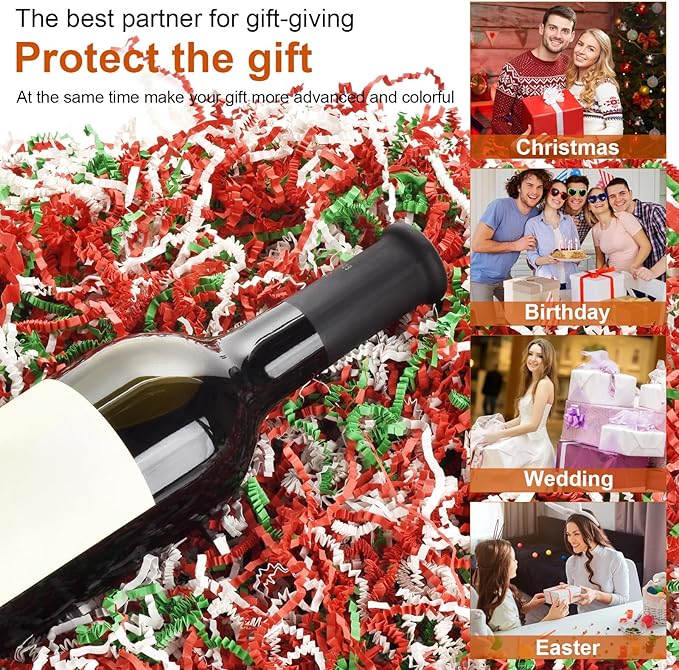 Christmas Crinkle Paper Filler, 1/2LB(8 oz) Shredded Paper For Gift Baskets, White bridesmaid proposal gifts, Crinkle Cut Paper Shred For Birthdays, Weddings,Boxes Bags, Basket Filler, Anniversaries, Gift Wrapping