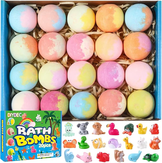 DIYDEC 20pcs Bath Bombs with Surprise Inside Bath Bombs with Mini Resin Animals for Kids Adult Valentines Easter Bubble Bath Great Gift for Christmas Halloween Boys Girls Birthday