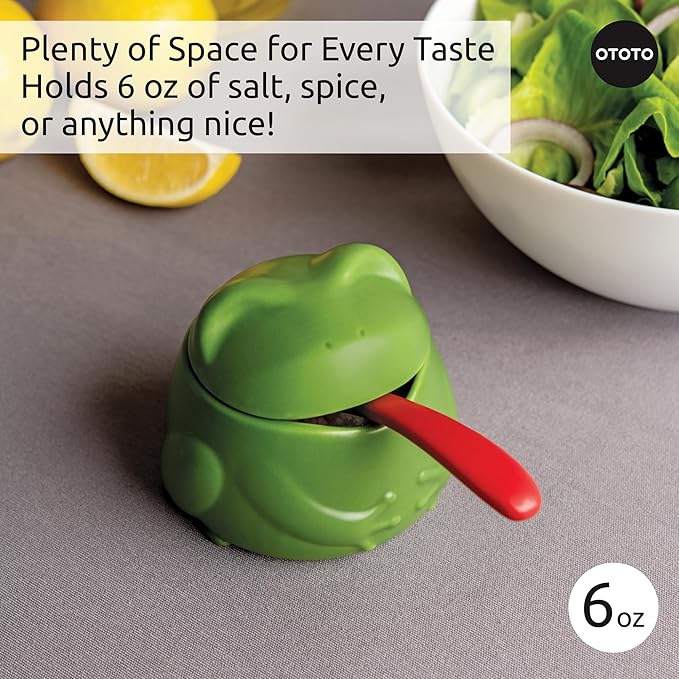 OTOTO NEW Lily Salt Cellar with Lid and Spoon - 6 oz Frog Salt Containers for Countertop, Ceramic Salt Holder with Lid for Sugar, Frog Stuff, White Elephant Gifts, Cute Gifts Accessories - Green